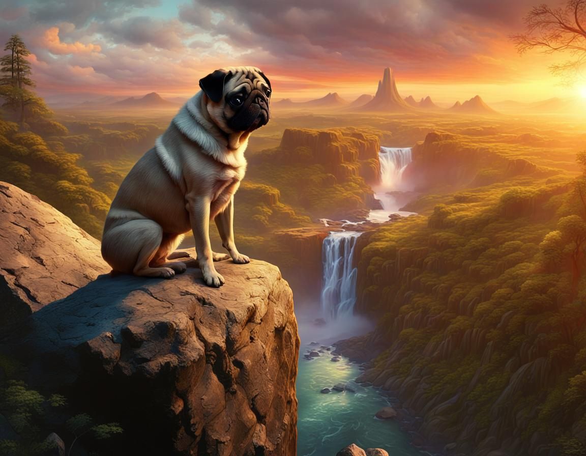 Pug Contemplates Sunset Waterfall: Digital Matte Painting