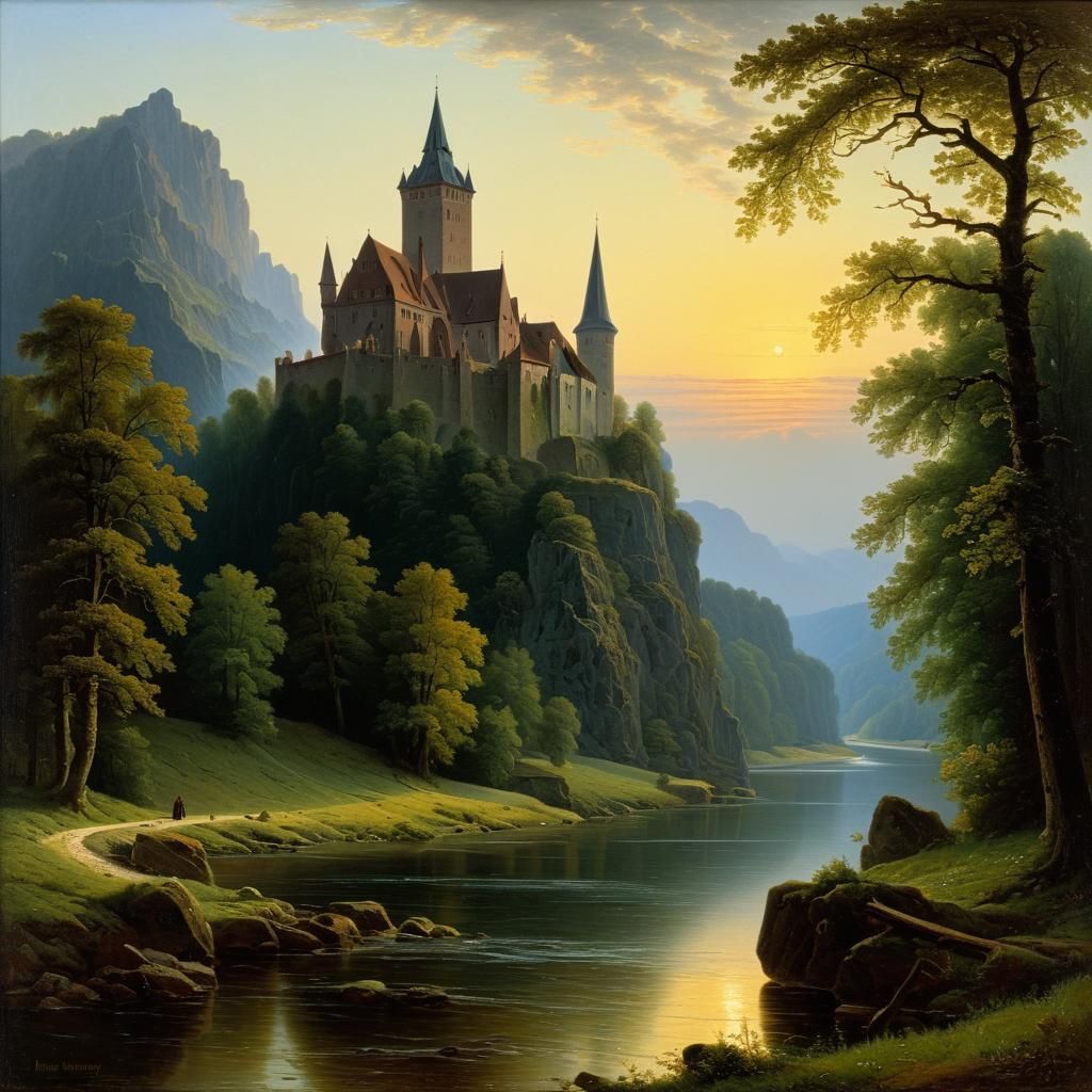 Mysterious Castle Above River, 19th Century Painting
