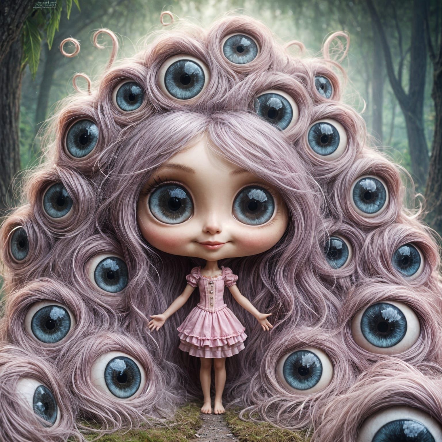 Whimsical Girl with Magical Hair in Enchanted Forest