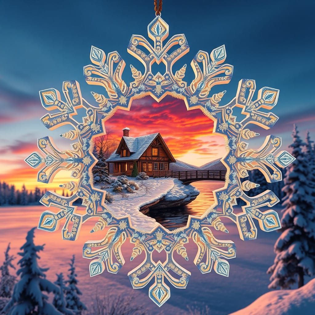 Surreal Snowflake Wonderland in Kincaid Style at Sunset