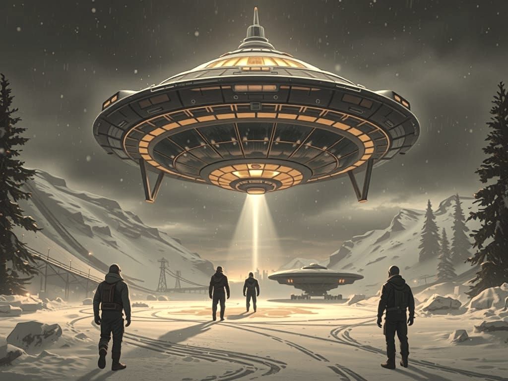 Mysterious Metallic UFO Dominates a Snowy Night Landscape
