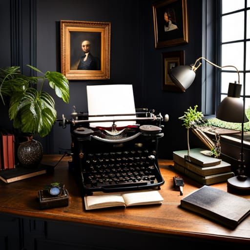 A cluttered bookshelf in a dimly lit study. A victorian typewriter. A dark, moody style,dramatic lighting,mysterious, co...