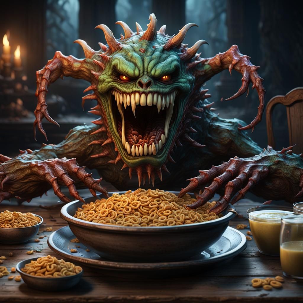 Monstrous Creature Enjoys Cereal, Dark Fantasy Art