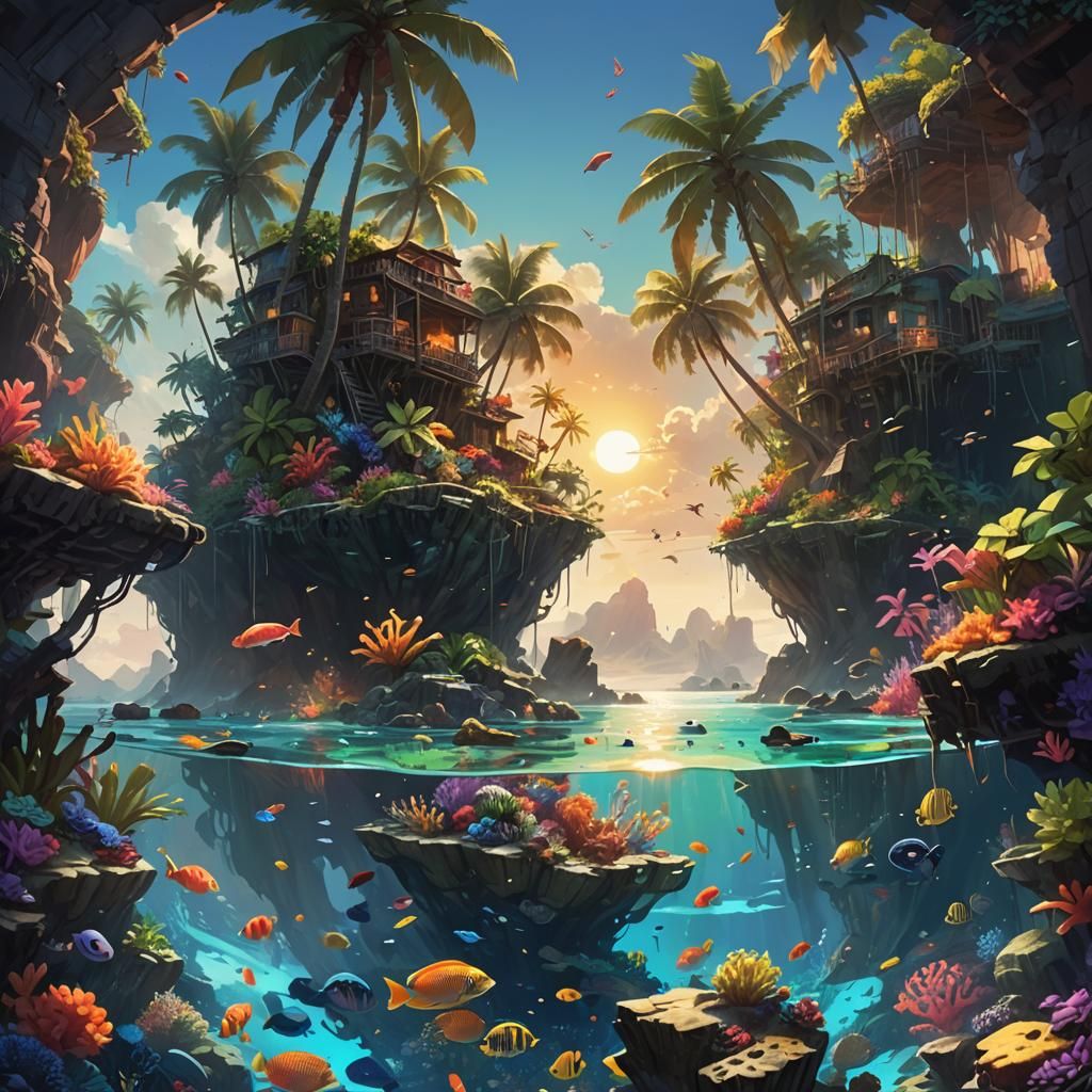 Tropical Island and Coral Reef Split View