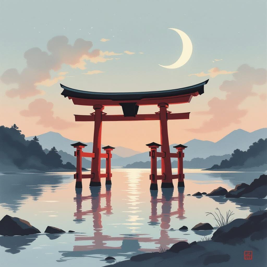 Torii Gate in Twilight: Sumi-e Ink Painting