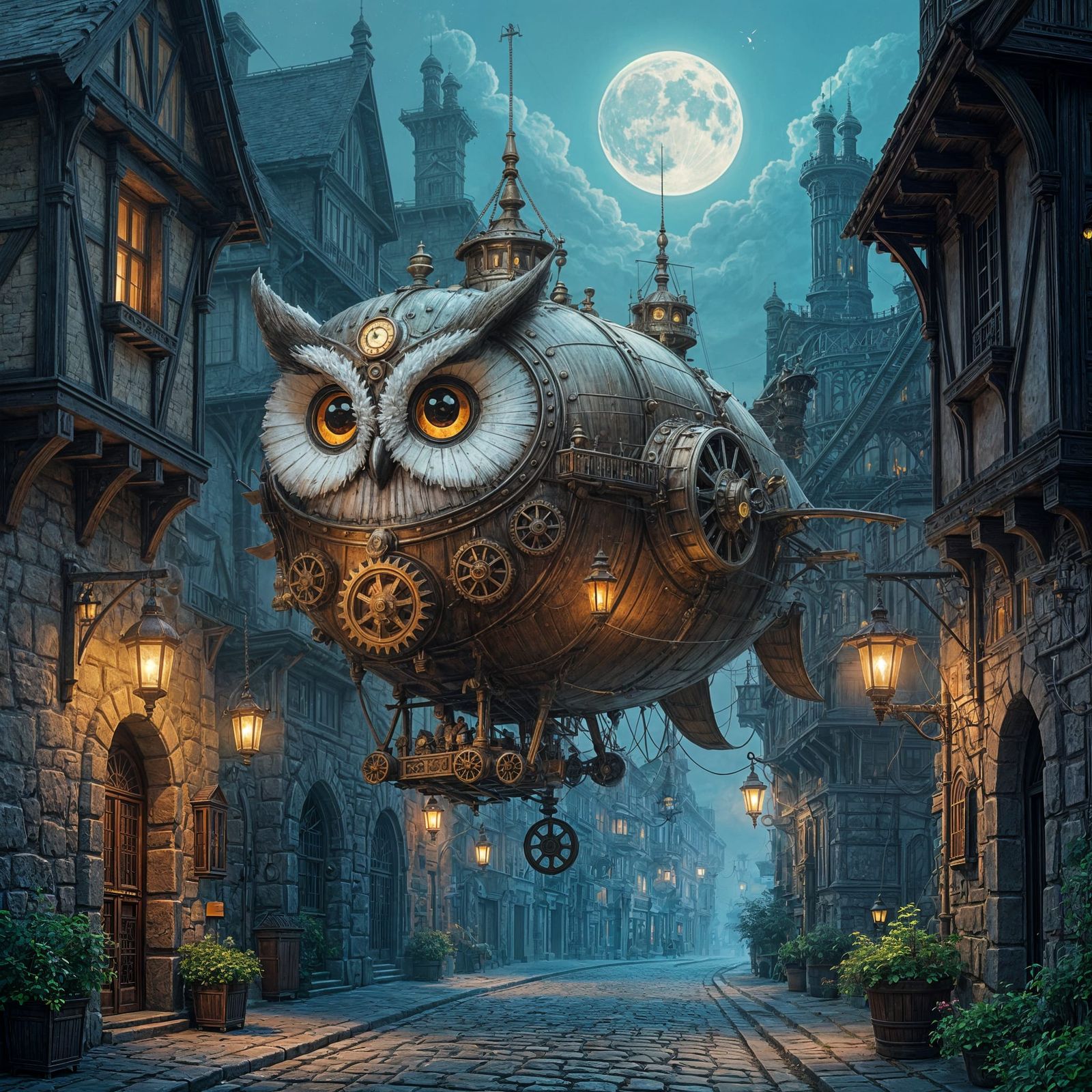 Whimsical Owl Airship Docked in Moonlit Alleyway