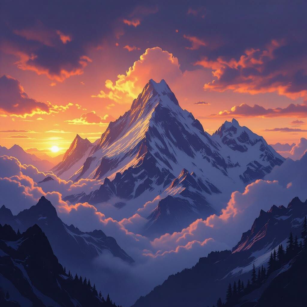 Colossal Mountains Piercing Clouds in Matte Painting Style