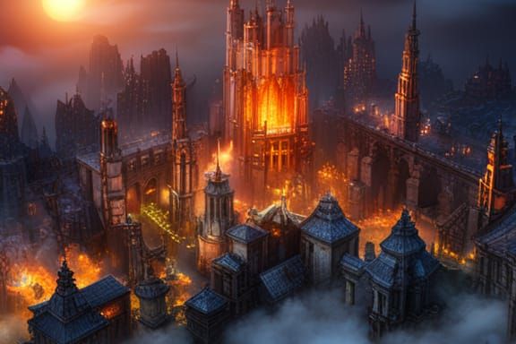 City Forest Floating Under Flames: Matte Painting