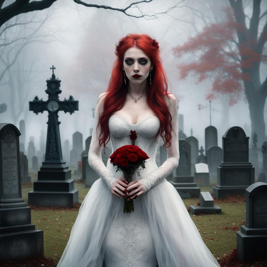 Gothic Vampire Bride in Foggy Cemetery