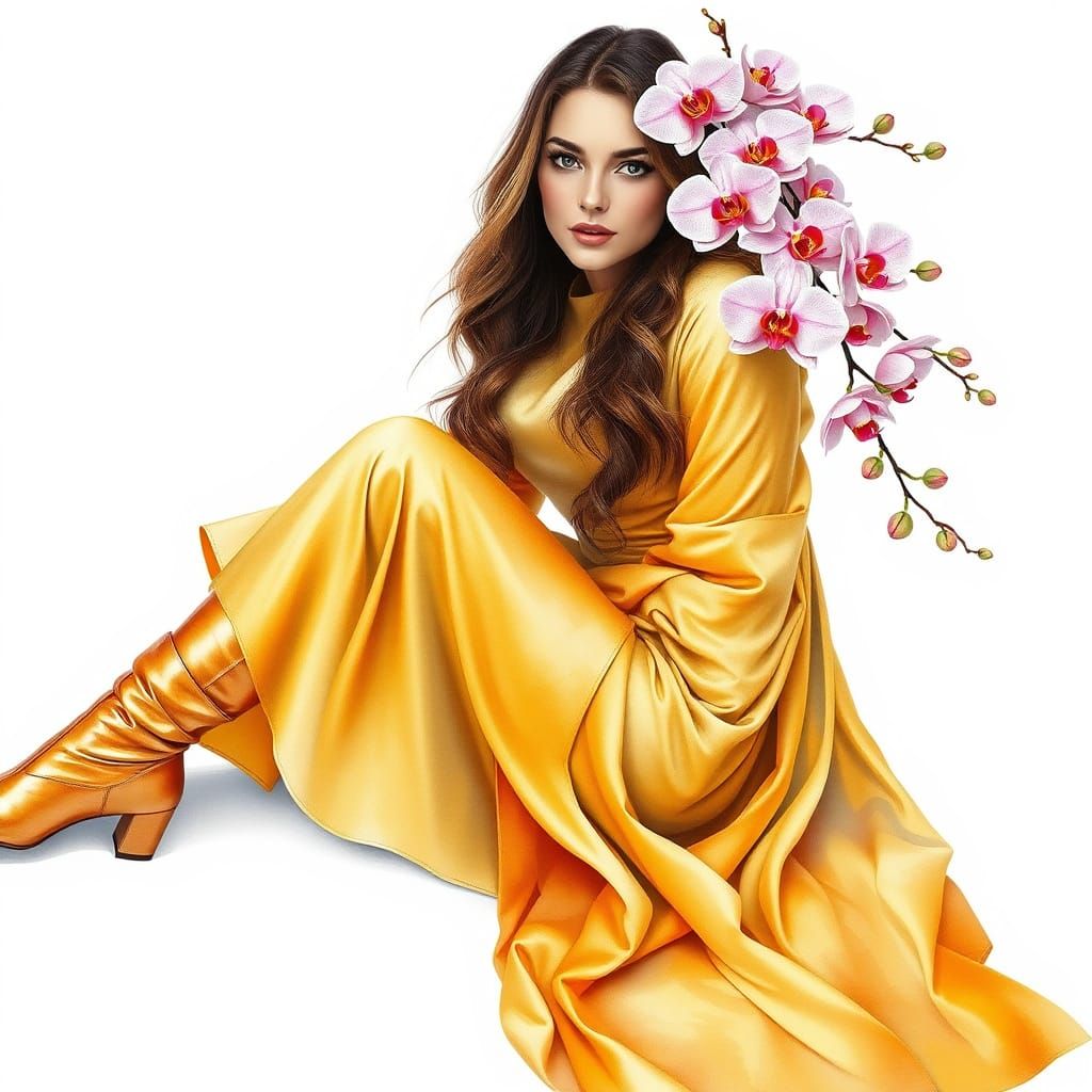 Elegant Woman in Golden Winter Dress, Watercolor Art