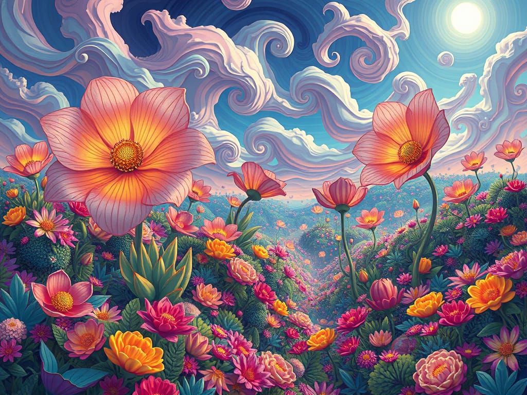 Surreal Floral Tapestry in Whimsical, Dreamlike Style