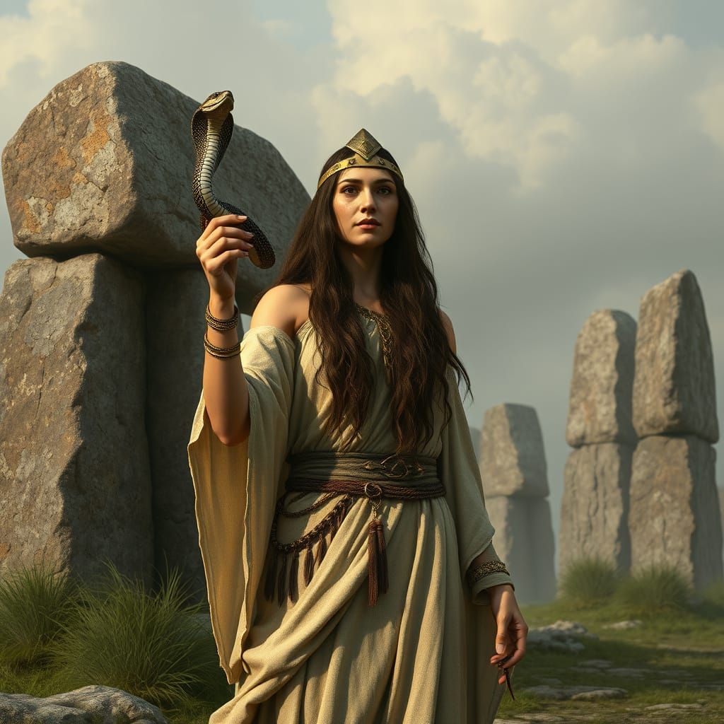 Ancient Priestess Adorns Megalithic Landscape with Serpent