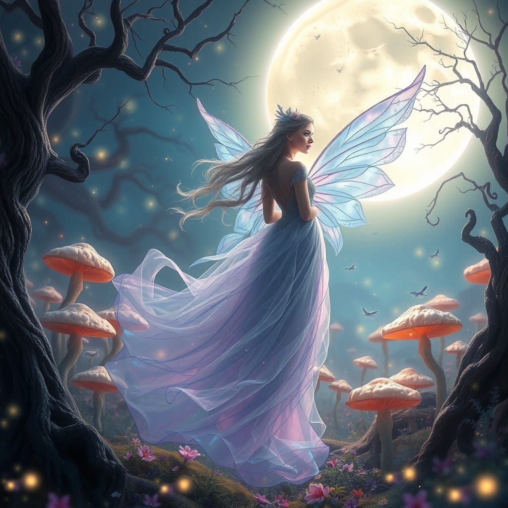 Luminous Moon Goddess in Dreamlike Landscape