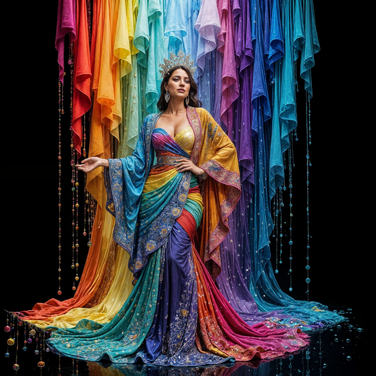 Woman in Cascading Colorful Fabric Dress Against Black