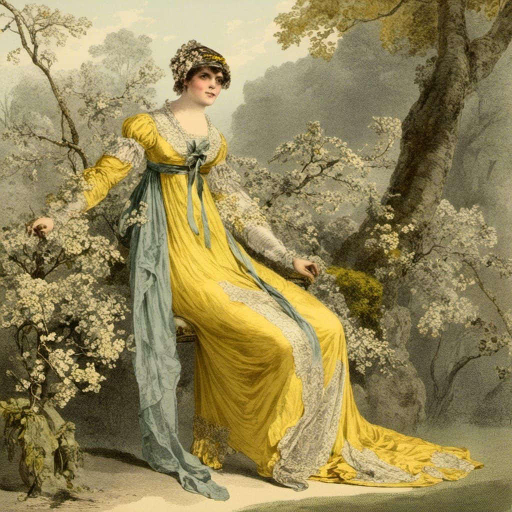 Woman in Regency Dress in Blossom Garden