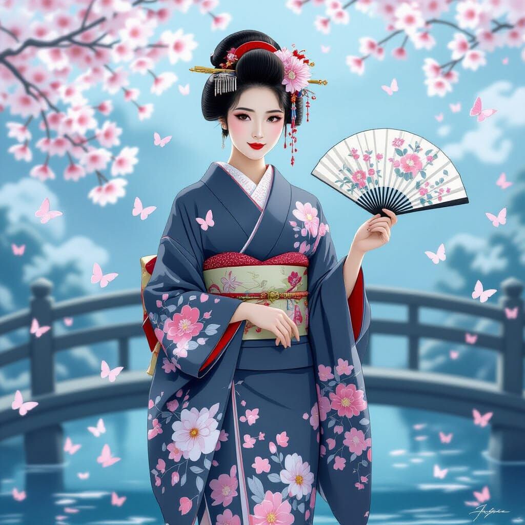Serene Asian Woman in Ornate Kimono on Bridge