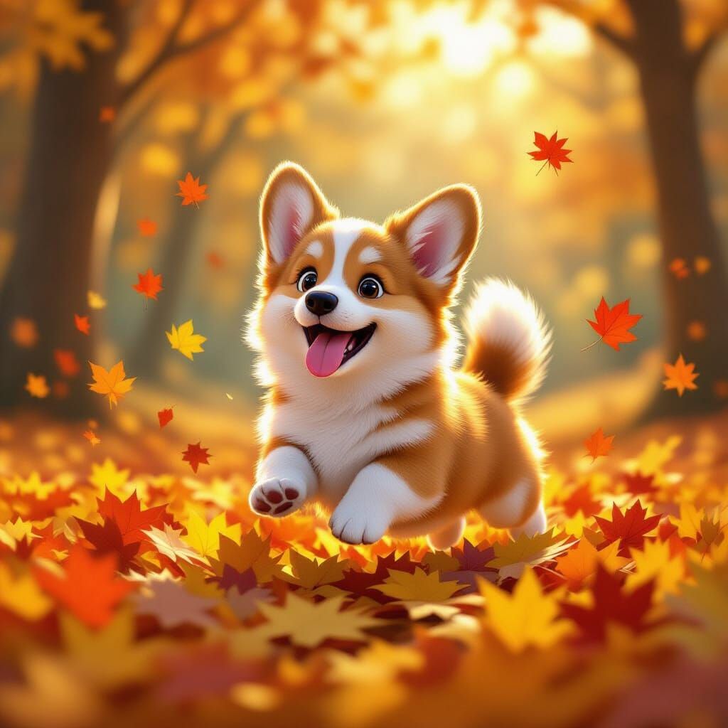 Fluffy Corgi Leaps Into Autumn Leaves