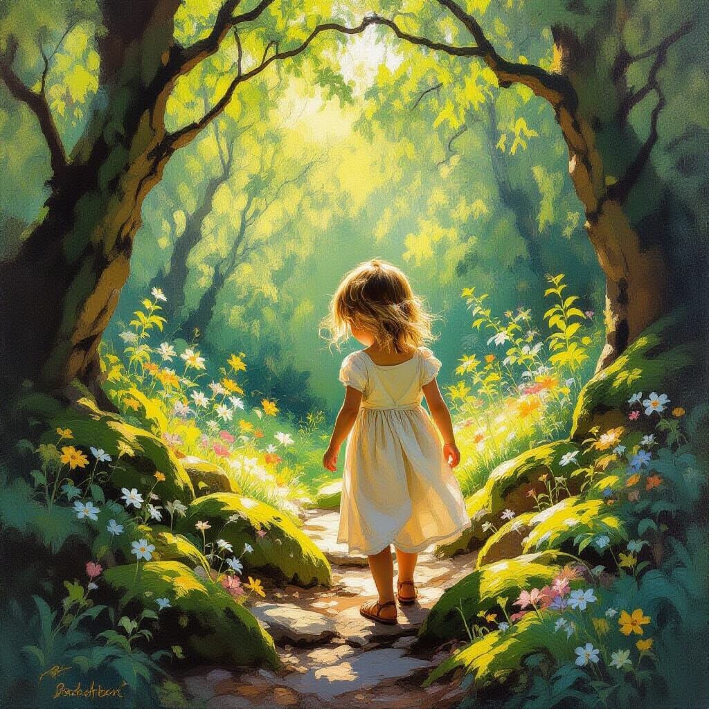 Curious Girl in Sunlit Forest Grove
