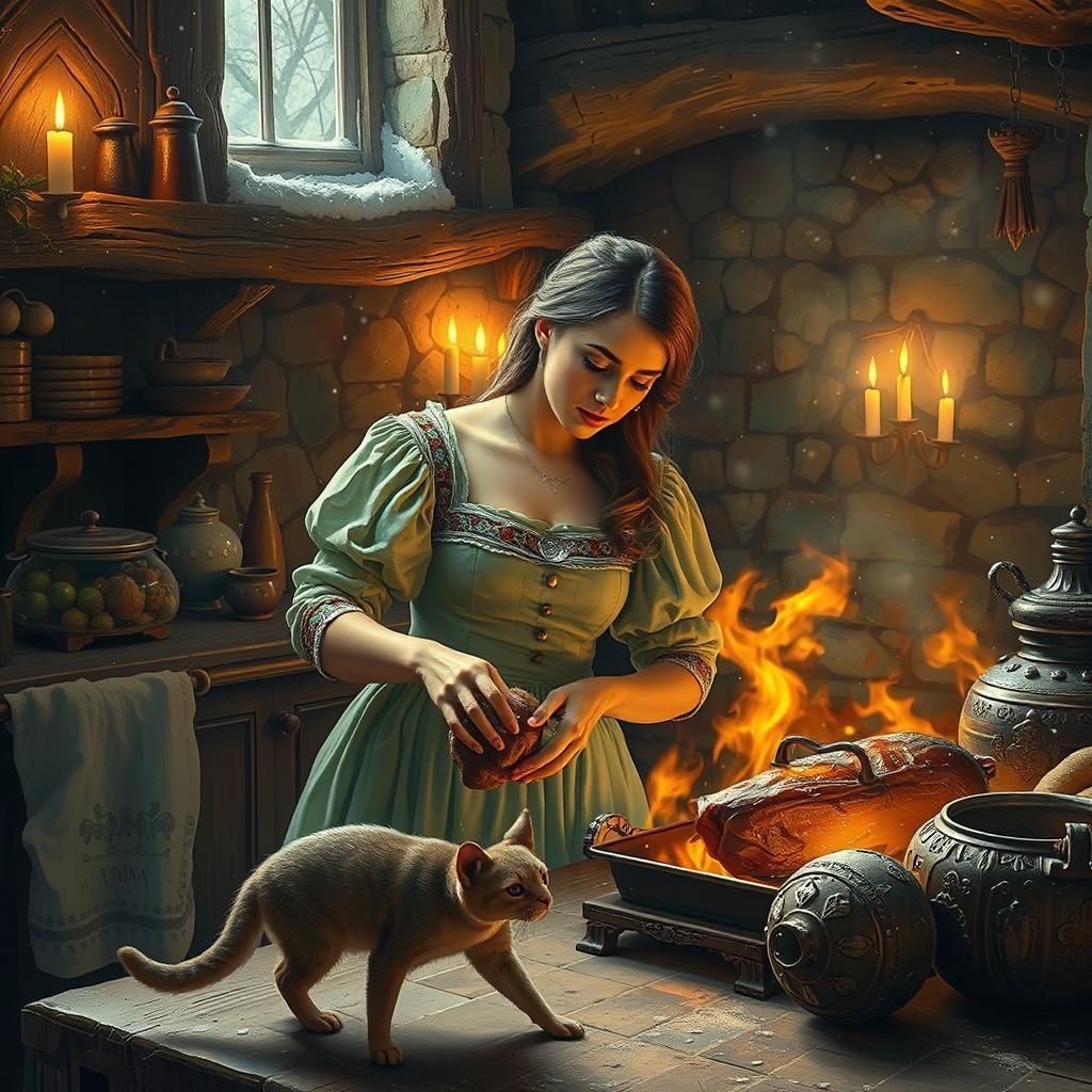 Medieval Kitchen: Beautiful Woman Roasting Pork