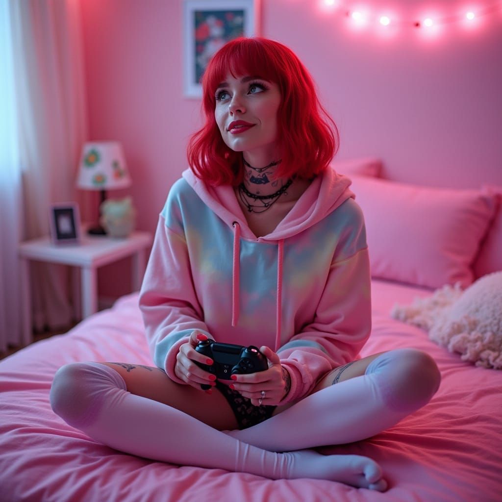 Red-Haired Woman in Pastel Gothic Bedroom