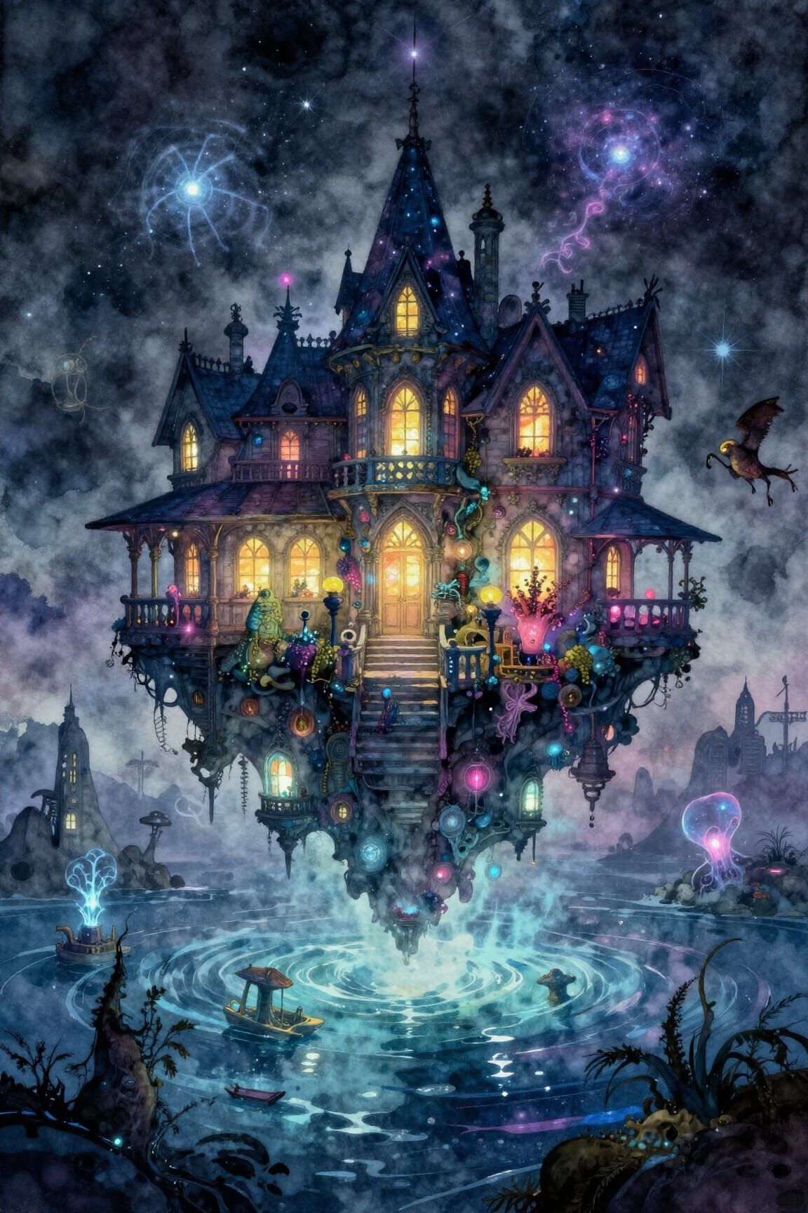 Bioluminescent Mansion Floating Over Mythpunk Solarpunk Ocea...
