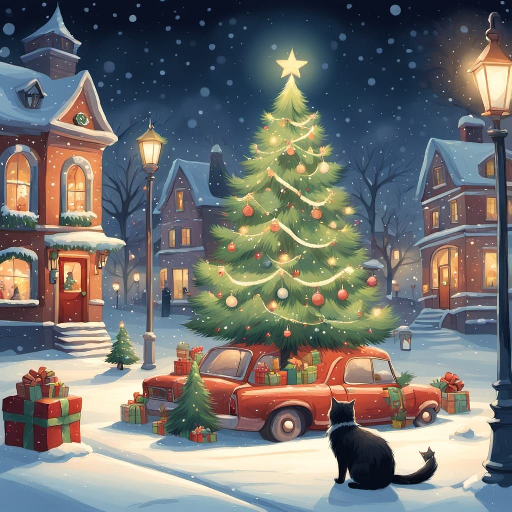 Festive Christmas Tree in Snowy Town Square with Pets