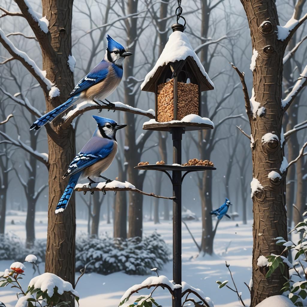 Blue Jay at Bird Feeder in Winter Landscape