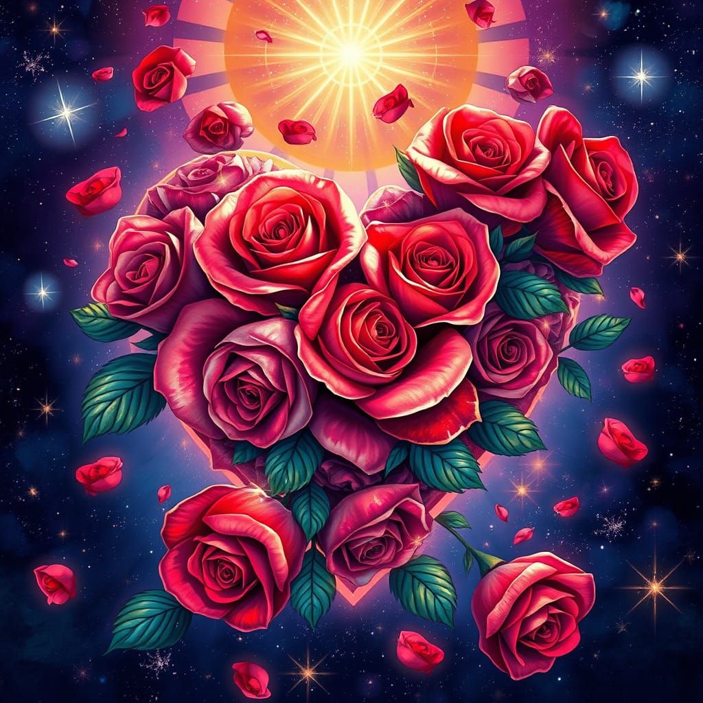 Surreal Rose Blooms in a Cosmic, Starry Night Sky with Vibra...