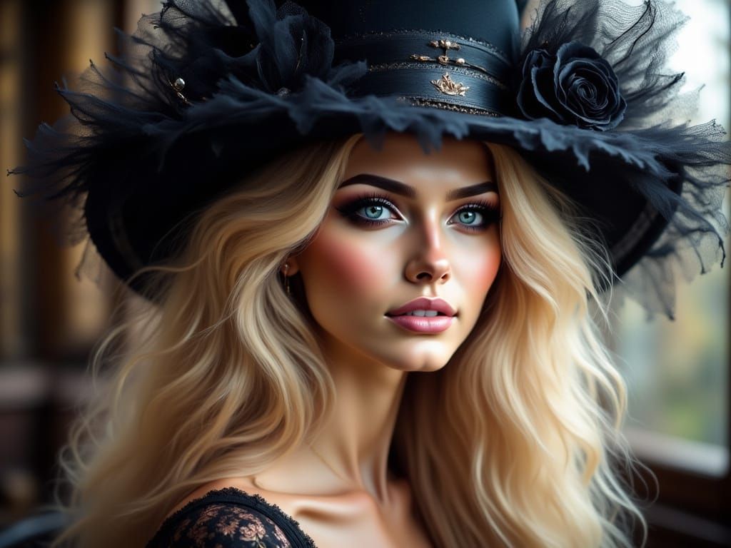 Elegant Woman in Black Top Hat Portrait