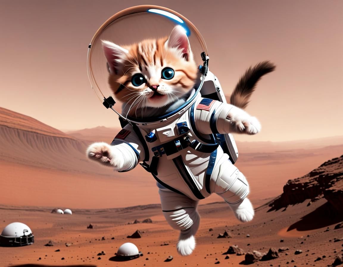 Kitten Parachuting onto Mars in Spacesuit