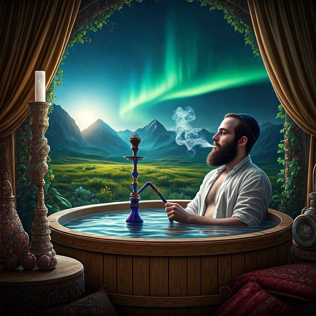 Ultra-Orthodox Jew in Jacuzzi with Surreal View