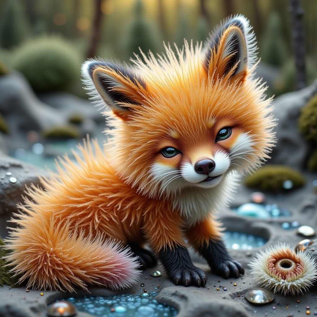 Adorable Fox Kit Snoozing in Surreal Eco Garden