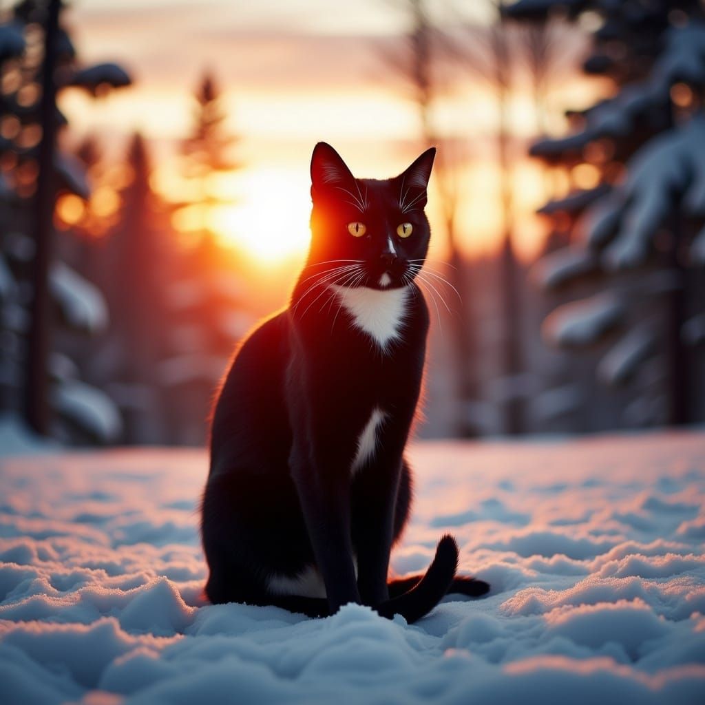 Regal Tuxedo Cat in Soft Focus Winter Sunrise