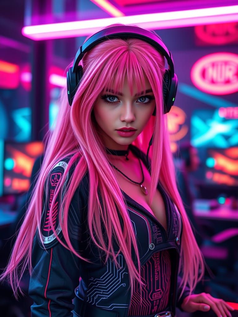 Cyberpunk Gamer Girl in Neon-Lit Gaming Room