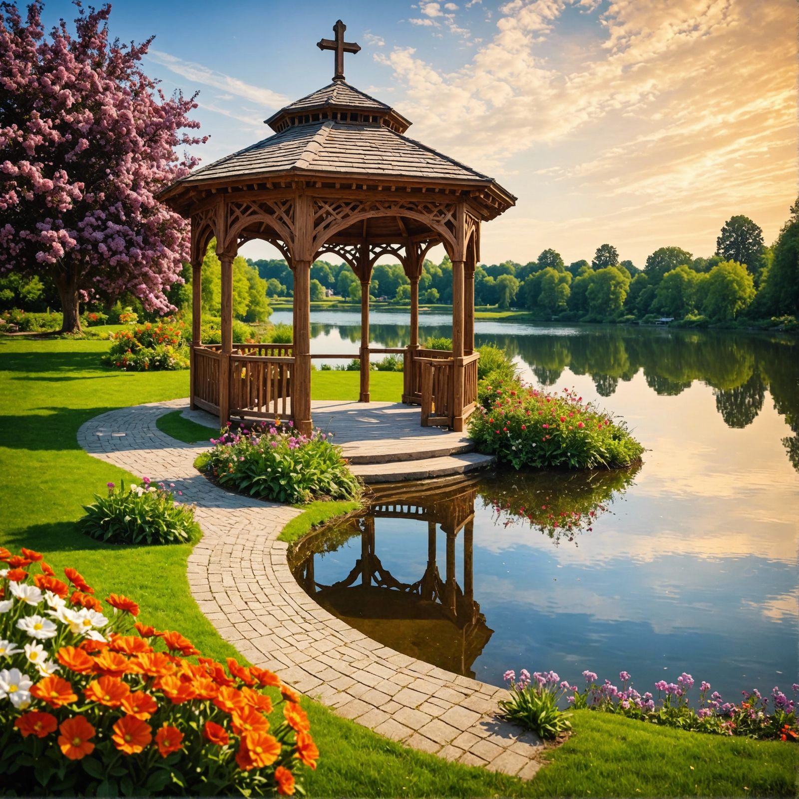 Garden Gazebo and Bench in Hyperrealistic Style