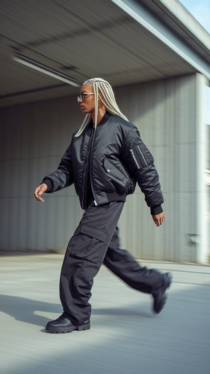 Techwear Model in Brutalist Loft, Street Style Photo
