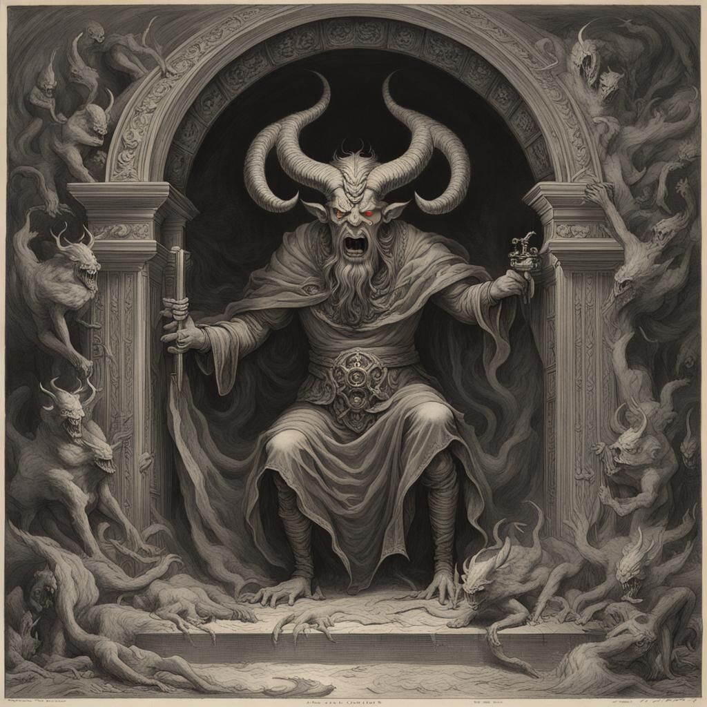 Mammon Emerges from Hell with Necronomicon in Baroque Style