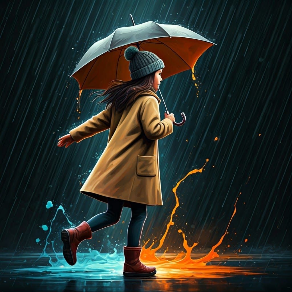 Girl Running in Rain: Graffiti Street Art