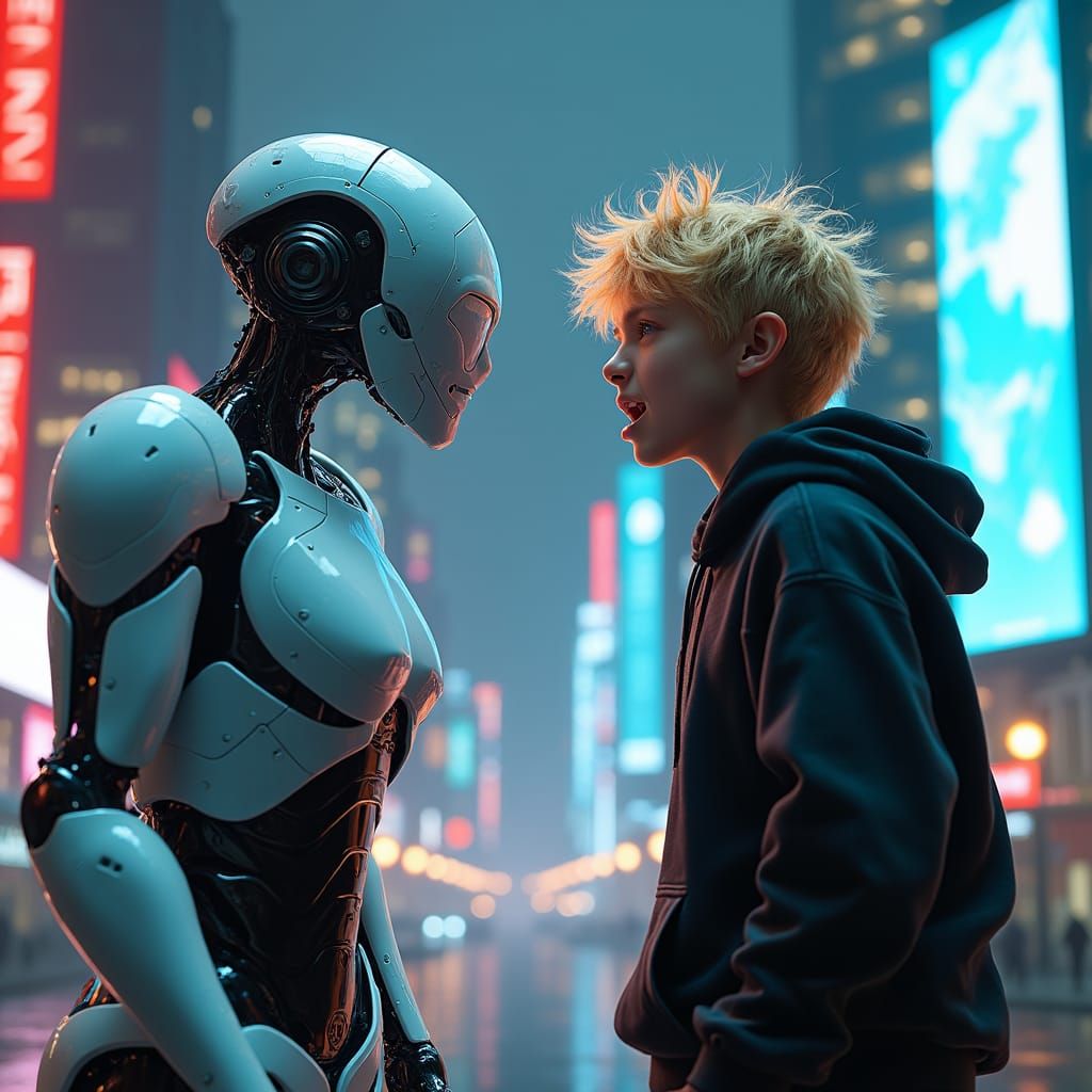 Teenage Rebel Yells at Futuristic Robot in Neon-Lit Cityscap...
