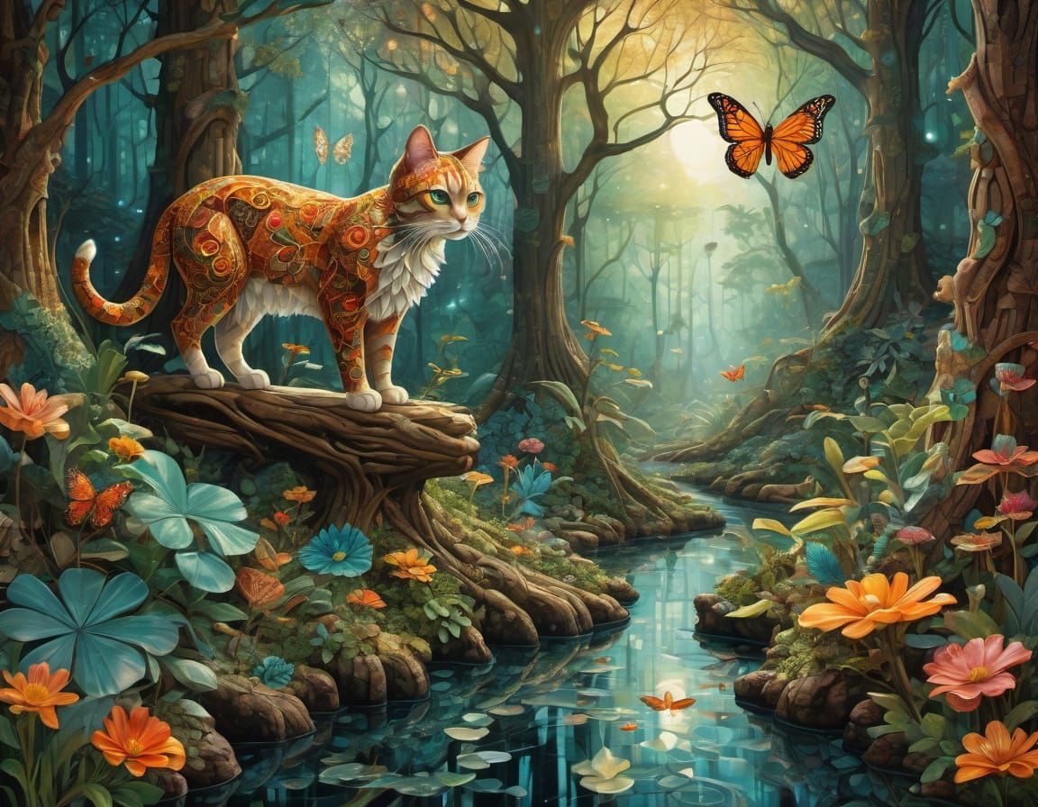 Whimsical Mosaic Cat Totem Pole in Enchanted Forest