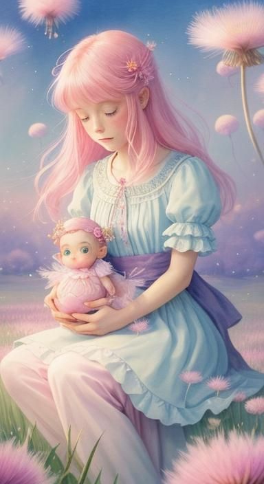 Pink Dragon-Girl Making Wish in Pastel Dandelion Field