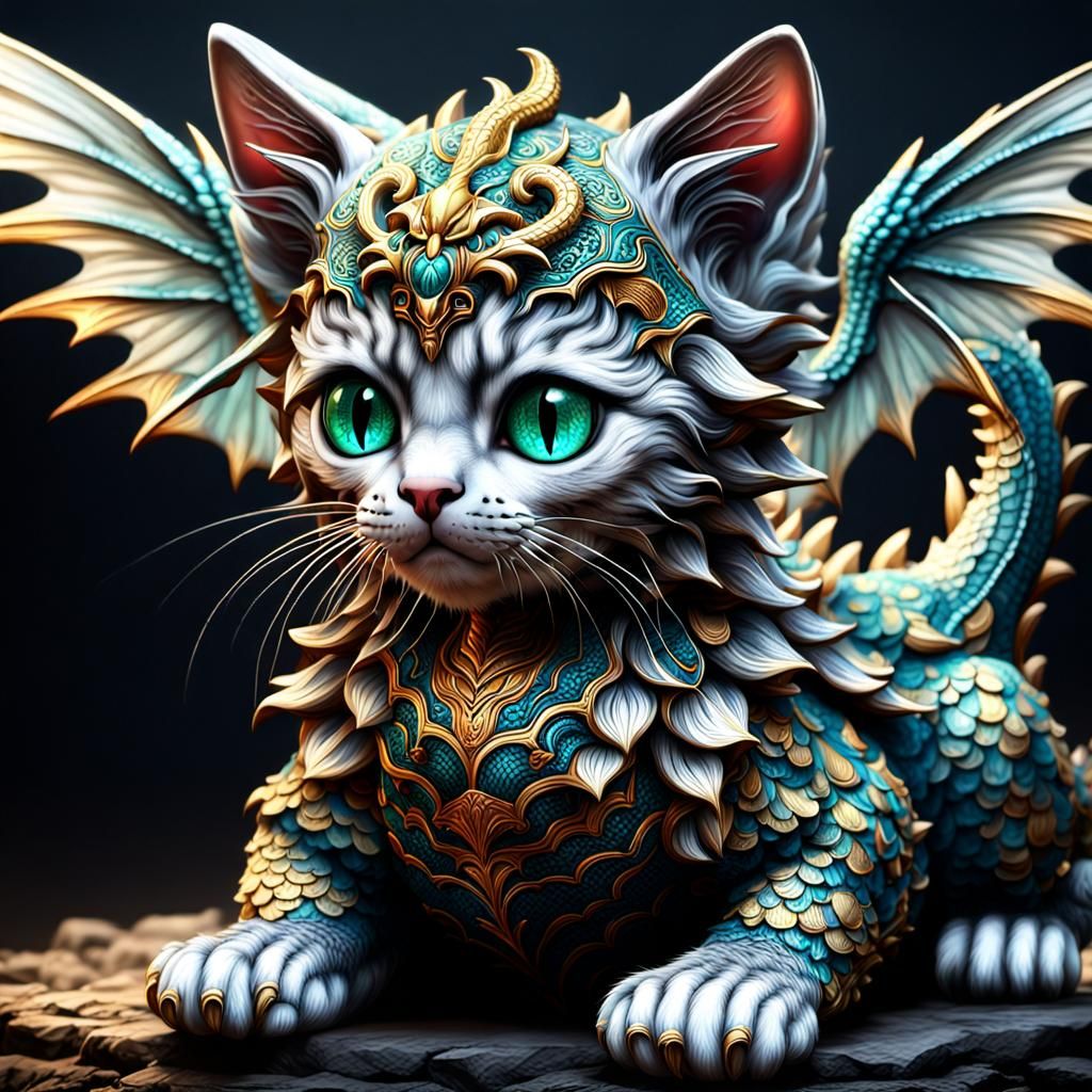 Ornate Dragon-Winged Kitten in Ultra Detail
