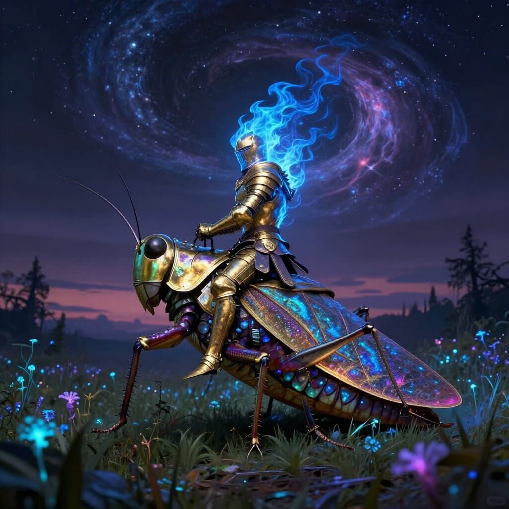 Golden Knight Battles Giant Grasshopper in Dark Fantasy Styl...
