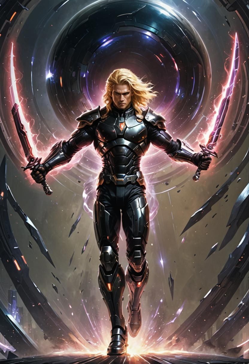Futuristic Knight Hero Gripping Plasma Swords