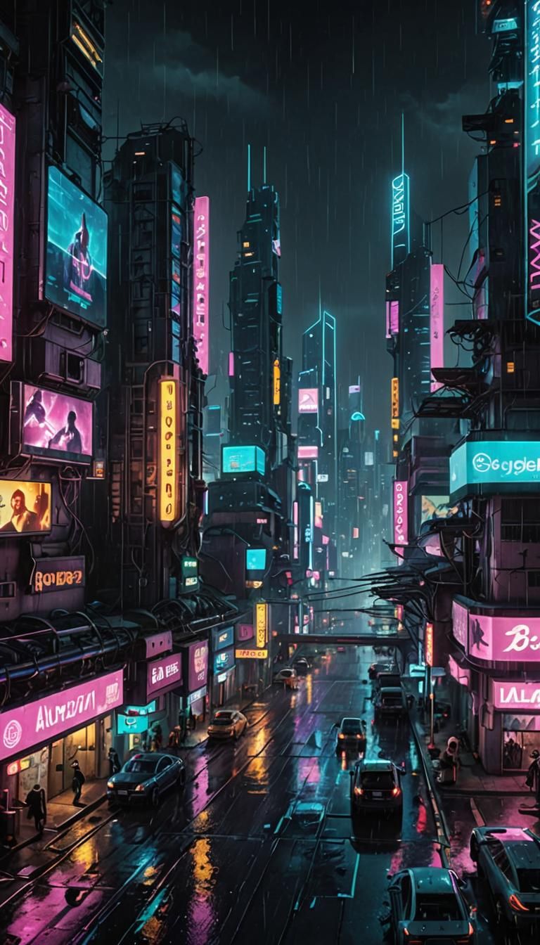 Futuristic Dystopian Cityscape at Night in Cyberpunk Style