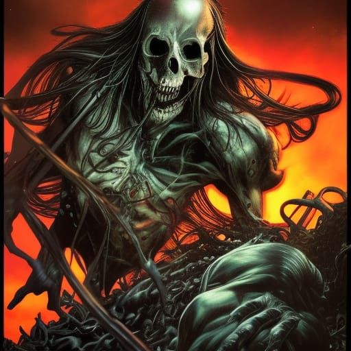 Grim Reaper Counting Souls in Comic Book Style