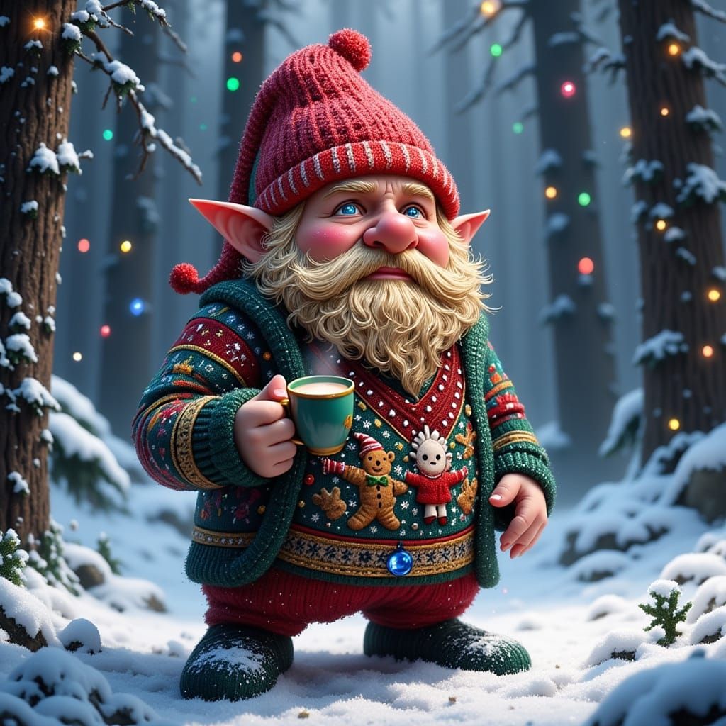 Grumpy Gnome in Ugly LED Christmas Sweater in Snowy Forest
