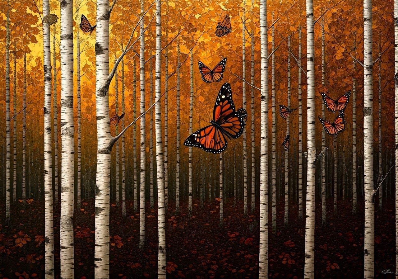 Monarch Butterflies in a Vibrant Birch Forest Scene