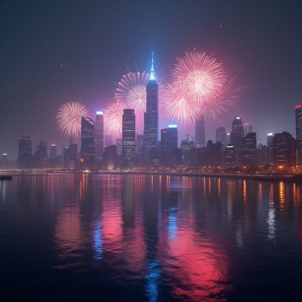 Futuristic City Celebrates July 4th with Fireworks