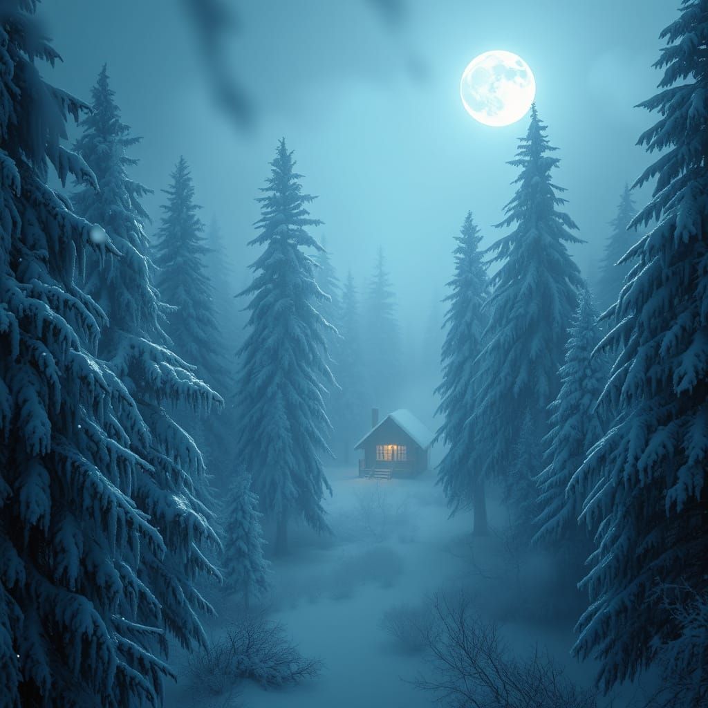Moonlit Winter Forest in Ethereal Fog